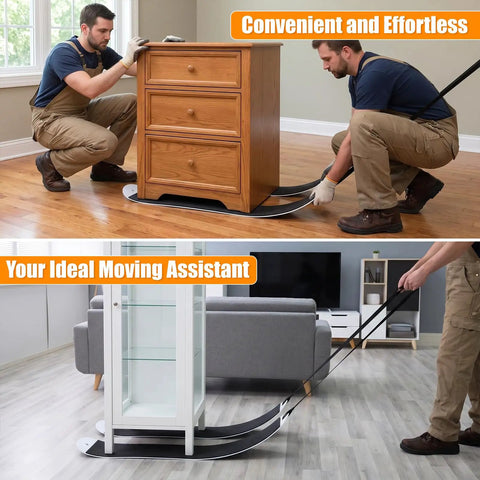 Two images of No Sweat Heavy Duty Appliance Movers With Non Scratch Glide Mat Pad being used to move furniture safely indoors.