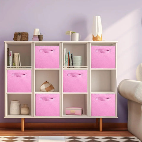 Foldable Fabric Storage Cubes Set For Closet And Toy Organization, 6 Pack Pink Cloth Bins in a white shelving unit