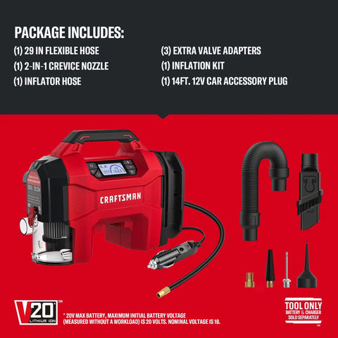Badass 3 In 1 Cordless Tire Inflator And Portable Car Vacuum With Bright Led Work Light showing flexible hose and accessories.