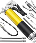 Front view of Fantictas grease gun kit: yellow reservoir, black grip, 18in spring hose, and assorted nozzle tips