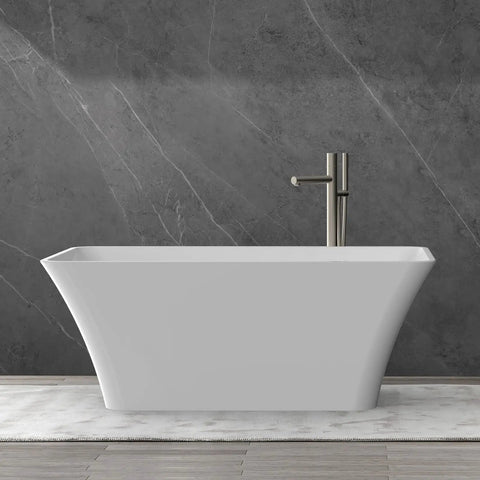 67 Inch Freestanding Acrylic Bathtub Sets Main Room Vibes With Double Walled Insulation And Ergonomic Deep Contour Locks In Heat For Serious Soaks Non Slip Base Smooth Matte Drain Absolute Bathroom Game Changer against a modern grey backdrop.