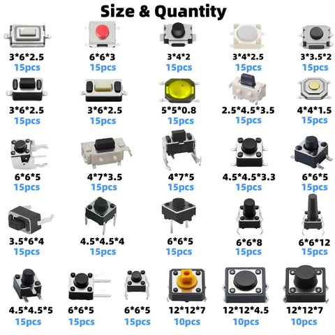 Maker Friendly Assorted Micro Momentary Tactile Push Button Switch Kit With 375 Pieces And 26 Values 2 3 4 Pin Tactile Switches
