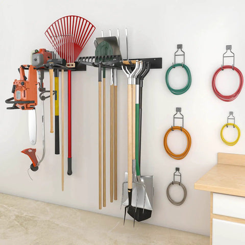 Heavy Duty Garage Tool Organizer Wall Mount With Four Hooks Dual Tool Racks Two Pack Yard And Garden Storage Shelf Easy Install Max Load 320 Lbs Perfect Gift For Dad And Home Improvement Buffs with mounted tools in garage