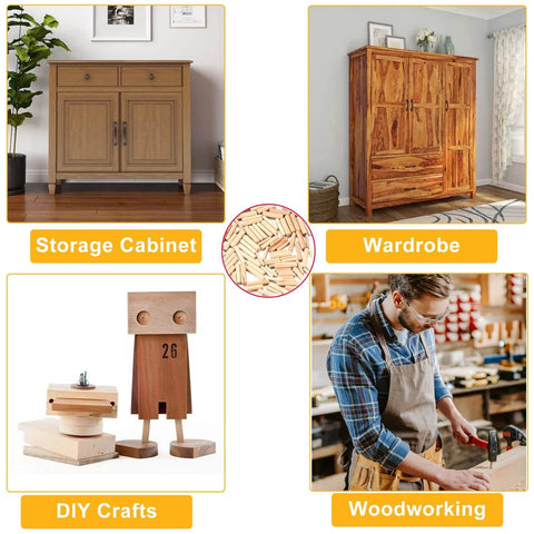Various furniture and DIY projects using 240 Piece Wood Dowels Kit With Sizes One Quarter Inch, Five Sixteenths Inch, And Three Eighths Inch, Tapered Ends With Beveled Grooves, Wood Peg Pins For Easy Hands On Furniture Repair, Replacement And DIY Woodworking Projects.