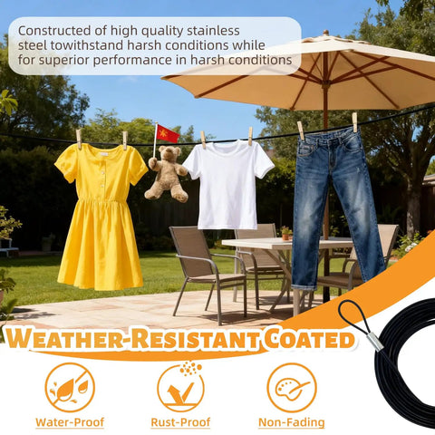 Rugged PVC Coated Stainless Steel Wire Rope Kit 50 Ft for clothesline with yellow dress, white shirt, and jeans outdoors.