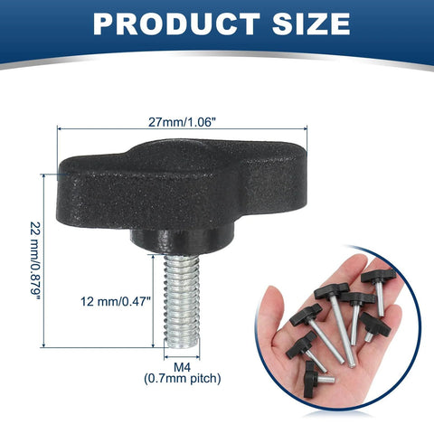 Knurled Clamping Knobs Set M4 x 12mm Male Thread 27mm Head Black Pack Of 20 shown with size dimensions