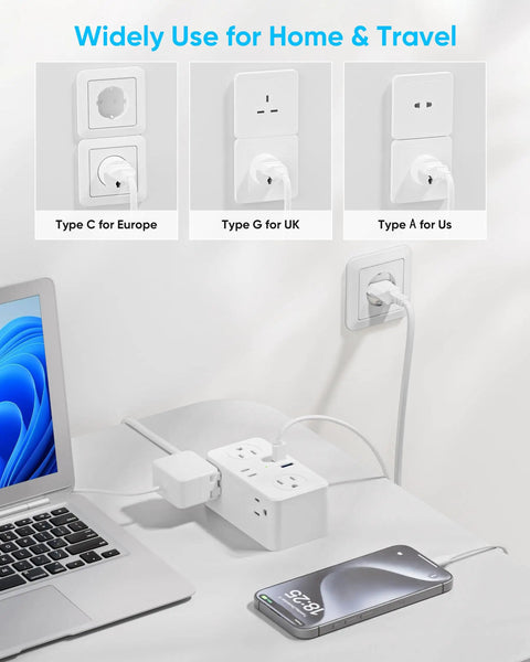 Top Shelf Universal Travel Plug Adapter With Six Ac Outlets And Four Usb Ports Including Two Usbc Fast Chargers And A Neatly Wrapped Three Foot Cord For Easy Packing And No Stress Global Travel showing plug types for US, UK, and Europe.