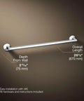 Components 24-Inch Towel Bar in Polished Chrome with dimensions, premium metal construction, corrosion and tarnish resistant finish.
