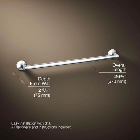 Components 24-Inch Towel Bar in Polished Chrome with dimensions, premium metal construction, corrosion and tarnish resistant finish.