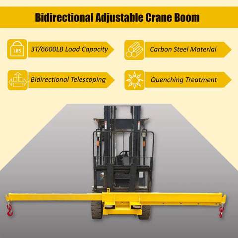 Heavy Duty Forklift Mobile Crane With 2 Ton Capacity Adjustable Jib Boom And Telescopic Arm For Horizontal And Vertical Lifting Easy Setup, bidirectional adjustable crane boom with yellow finish.