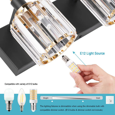 Modern Crystal Vanity Light In Black And Gold That Looks Boss With Dimmable E12 Base showing bulb compatibility
