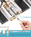 Close-up of Modern Crystal Vanity Light Fixture For Bathroom Four Light Bar In Black And Gold Finish E12 Bulbs Up To 60W