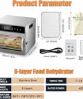 Top Shelf Electric Food Dehydrator Delivering Hella Steady Airflow For Smooth Jerky Fruit Vegetable Herb Drying And Long Lasting Storage With Massive Stainless Steel Trays showing product parameters with stainless steel and accessories.