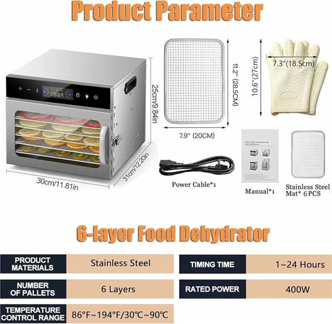 Top Shelf Electric Food Dehydrator Delivering Hella Steady Airflow For Smooth Jerky Fruit Vegetable Herb Drying And Long Lasting Storage With Massive Stainless Steel Trays showing product parameters with stainless steel and accessories.