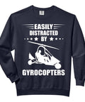 Easily Distracted By Gyrocopters Graphic Sweatshirt with gyrocopter illustration on black cotton for aviation enthusiasts