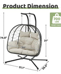 Double Hanging Egg Chair With Stand For Indoor And Outdoor Use Cozy Comfy Two Person Swing Chair Removable Cushions Heavy Duty 700 Lbs Capacity Patio Garden Bedroom Black Beige with dimensions