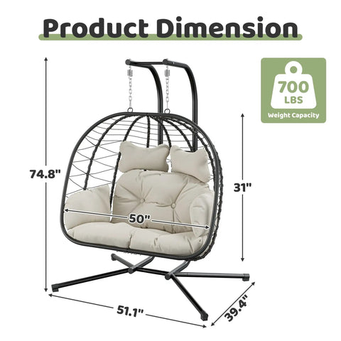 Double Hanging Egg Chair With Stand For Indoor And Outdoor Use Cozy Comfy Two Person Swing Chair Removable Cushions Heavy Duty 700 Lbs Capacity Patio Garden Bedroom Black Beige with dimensions