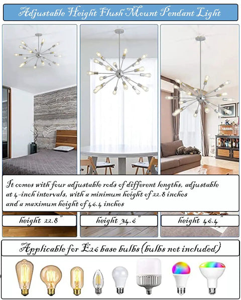 Sputnik Chandelier Light Fixture With Chrome Finish Dope Modern Mid Century Ceiling Lamp With Multiple Aluminum Arms
