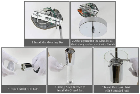 Step-by-step installation guide for Chrome Finish Glass Bubble Crystal Mini Pendant Light With LED Bulb for kitchens.