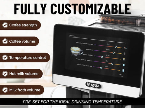 Fully Automatic Espresso Machine With Built In Conical Grinder And Auto Foaming Milk Wand screen displaying customizable settings.