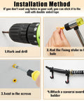 Step-by-step installation of Sword Wall Mount Hanger Set for adjustable display rack, showing drilling, nailing, twisting, and mounting.