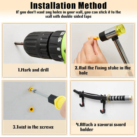 Step-by-step installation of Sword Wall Mount Hanger Set for adjustable display rack, showing drilling, nailing, twisting, and mounting.