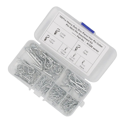 100pcs Stainless Steel Hairpin Cotter Pin Clip Kit With Resealable Storage Case For Heavy Duty Automotive And Industrial Machinery Applications Pro Grade Secure Hold displayed open with assorted sizes visible.