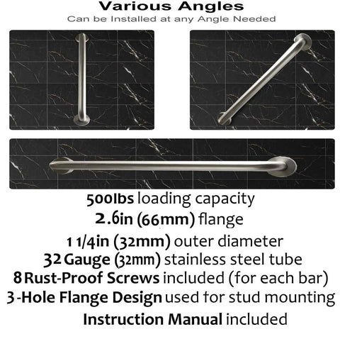 Brushed Nickel Shower Grab Bar 16 Inch with 1.25 Inch Diameter Stainless Steel Safety Assist Hand Rail, wall-mounted, multiple angles