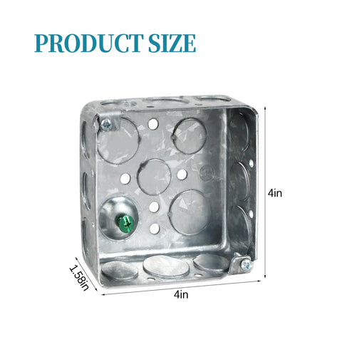 No Nonsense 4 Inch Square Metal Electrical Junction Box Two Gang Wire Housing With Ten Half And Six Three Quarter Knockouts side view with dimensions.