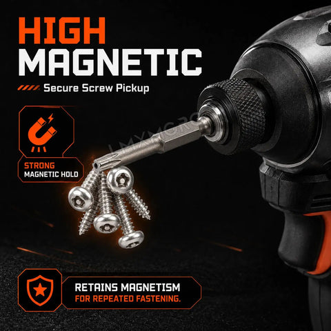 10 Piece 5 Point Security Torx Bit Set With Tamper Proof Star Driver Head Magnetic S2 Alloy Steel Quarter Inch Hex Shank TT8 To TT45 Sizes showing screws and magnetic holder.