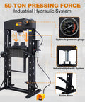 Heavy Duty 50 Ton H Frame Hydraulic Shop Press With Solid Steel Build And Floor Plates Designed For Garage Work And Auto Repair Jobs Built Tough To Handle Daily Grind Without Compromise, showing hydraulic gauge and stable base.