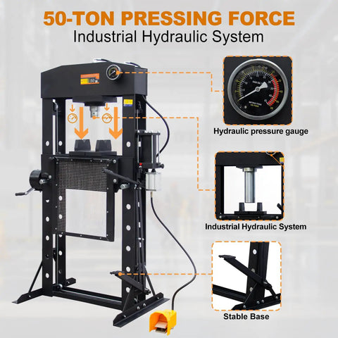 Heavy Duty 50 Ton H Frame Hydraulic Shop Press With Solid Steel Build And Floor Plates Designed For Garage Work And Auto Repair Jobs Built Tough To Handle Daily Grind Without Compromise, showing hydraulic gauge and stable base.