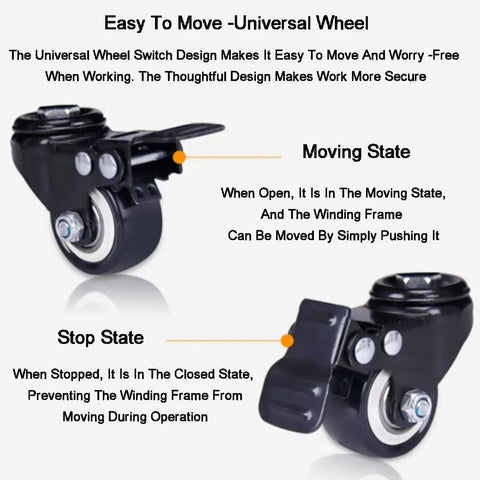 Universal wheel for Rugged Wire Spool Rack For Cable Reels Steel Wire Dispenser, showing moving and stop states.