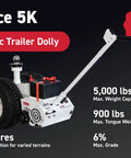 Force 5K Electric Trailer Dolly for RV, Boat and Cargo Trailers with 6.5-inch tires and rechargeable battery system.