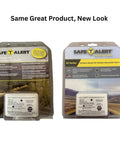 Two packaged Safe Alert CO alarms in different designs, highlighting a new look for the same product line