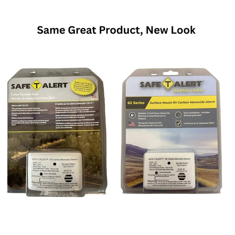 Two packaged Safe Alert CO alarms in different designs, highlighting a new look for the same product line