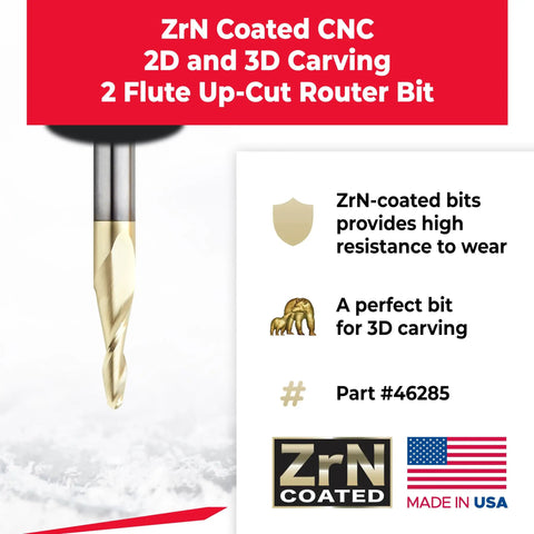 Up Cut Spiral CNC Router Bit For DIYers And Pros Carving In 2D And 3D With ZrN Coating Five Degree Tapered Ball Tip Model 46285