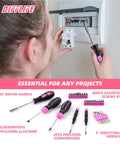 Stylish 131-Piece Pink Tool Kit for Women with Essential Hand Tools Like Hammer, Adjustable Wrench, Pliers, Screwdrivers, and Scissors for Everyday DIY Projects, Home Repairs, Garage Maintenance, and Office Fixes Plus Handy Plastic Storage Case for Easy.