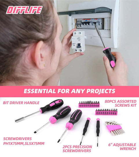 Stylish 131-Piece Pink Tool Kit for Women with Essential Hand Tools Like Hammer, Adjustable Wrench, Pliers, Screwdrivers, and Scissors for Everyday DIY Projects, Home Repairs, Garage Maintenance, and Office Fixes Plus Handy Plastic Storage Case for Easy.