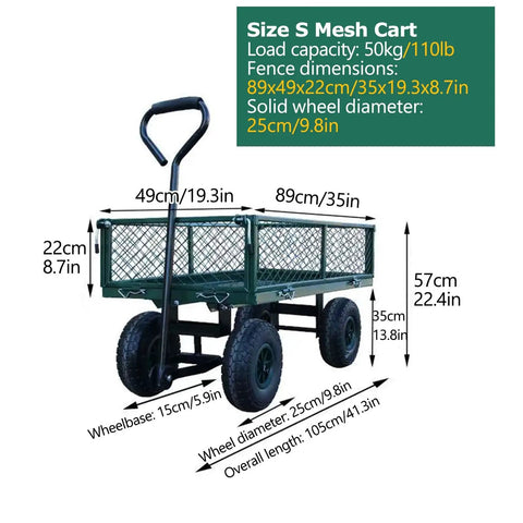 Beefy All Terrain Utility Cart Heavy Duty Garden Trailer With 110-330 Lbs Load Capacity and Mesh Sides for Yard Chores