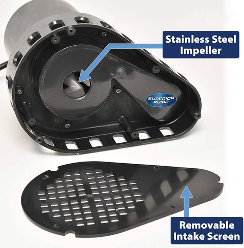 1/2 HP Thermoplastic Submersible Sump Pump With Tethered Float Switch, stainless steel impeller and removable intake screen
