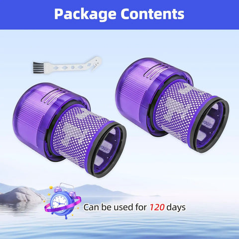 Two Pack Dyson V11 And V15 Vacuum Filter Replacements, includes 2 purple filters and cleaning tool.