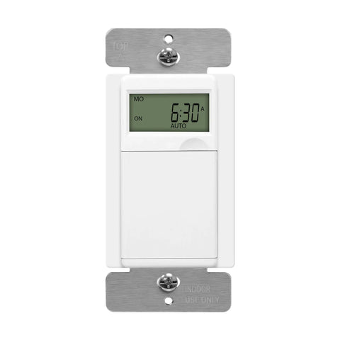 Programmable Digital Timer Switch For Lights Fans And Motors With 7 Day 18 On Off Timers And Auto Scheduling For Indoor And Outdoor Use Single Pole With Neutral Wire Required UL Listed White No Fuss Setup mounted on wall