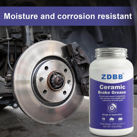 Ceramic Brake Lubricant For Caliper Pins High Temp Synthetic Brake Lube With Moisture Proof Formula 8Oz Brush Top shown next to car brake system