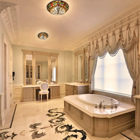 Tiffany Style 3 Light Ceiling Fixture, 16 Inch Stained Glass Flush Mount in elegant bathroom setting