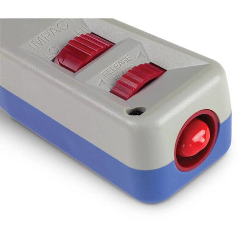 Close-up of impact release switch on Punch Down Tool With 110 And Krone Blades For Cat5e To Cat6a Network Cables, gray, interchangeable blades