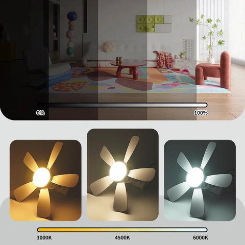 Remote Pairing Required, Socket Light Ceiling Fan With Light No Fuss Setup, showing dimming and color temperature options