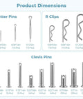 Image showing sizes of heavy duty clevis pins, cotter pins, and R clips from Heavy Duty Clevis Pins And Cotter Pins Kit With R Clips.