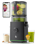 Top Rated 3-In-1 Cold Press Juicer For Juice, Nut Milk And Sorbet with fruits, smartphone, and drinks ready for serving.