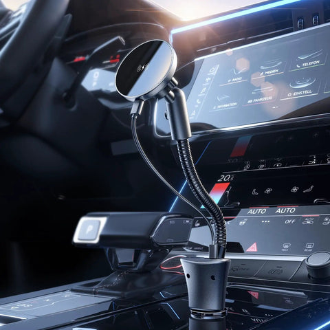Heavy Duty 15W MagSafe Car Phone Charger Featuring Badass Magnetic Vent Mount in Car, flexible arm adjusts for optimal viewing